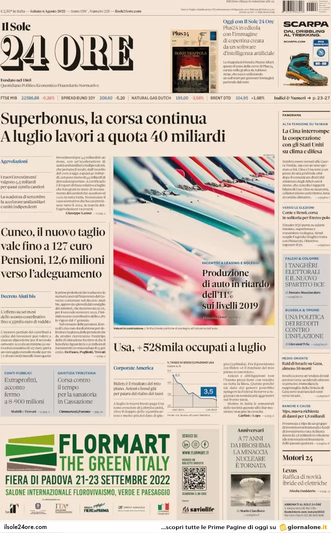 Prime pagine giornali economici 6 agosto. Corsa superbonus, terremoto Mps