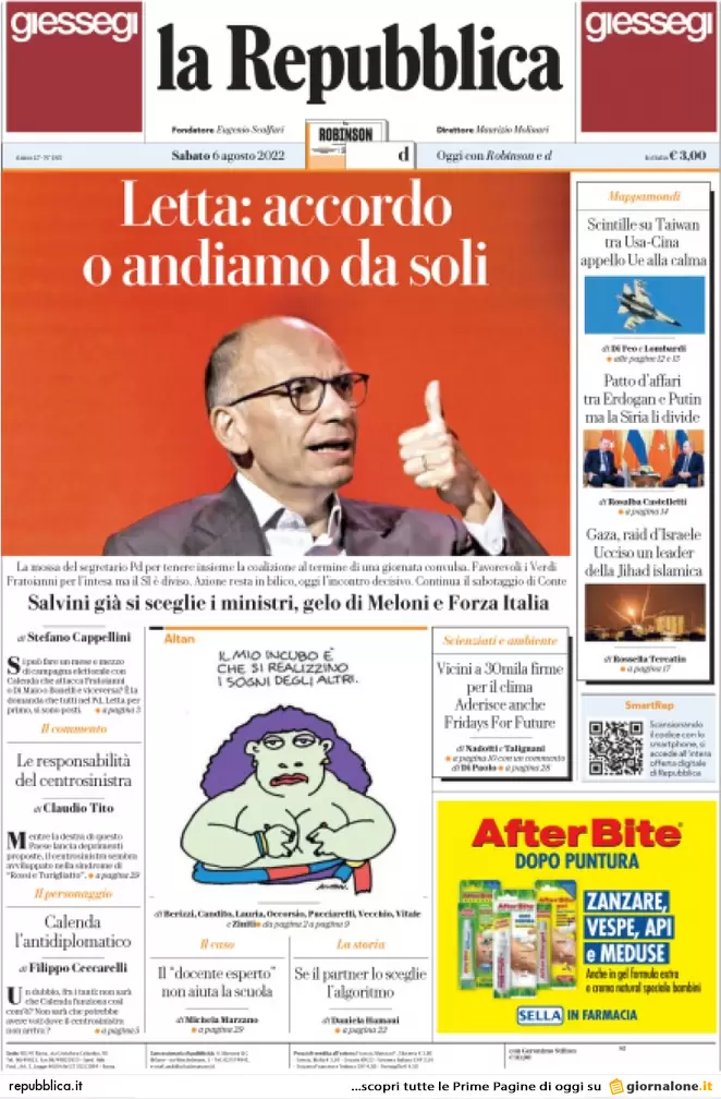 Prime pagine giornali 6 agosto 2022. Pd pesca a Confindustria ma Calenda frena