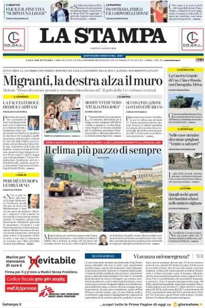 Prime pagine giornali 6 agosto 2022. Pd pesca a Confindustria ma Calenda frena