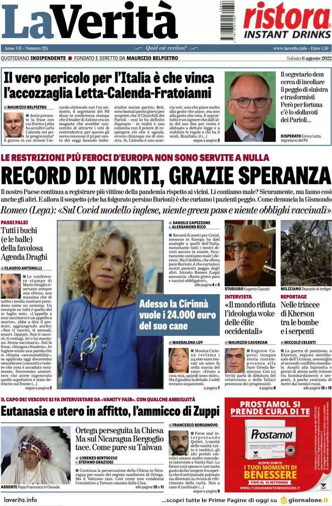 Prime pagine giornali 6 agosto 2022. Pd pesca a Confindustria ma Calenda frena