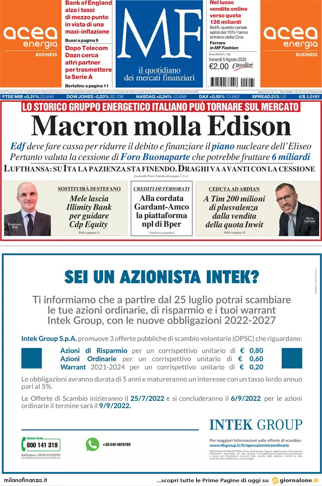 Prime pagine giornali economici 6 agosto. Corsa superbonus, terremoto Mps