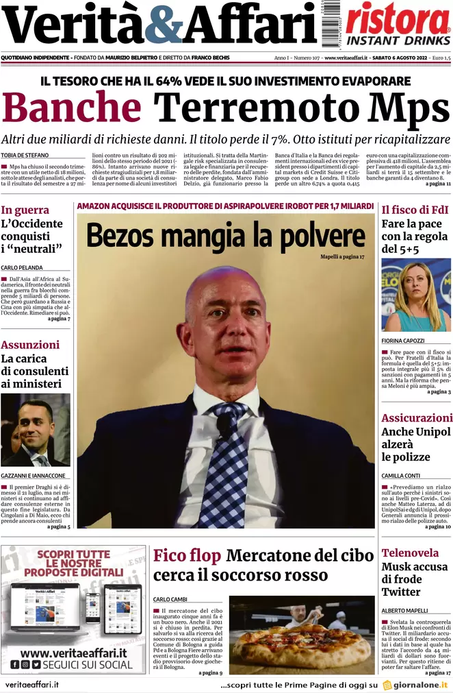 Prime pagine giornali economici 6 agosto. Corsa superbonus, terremoto Mps