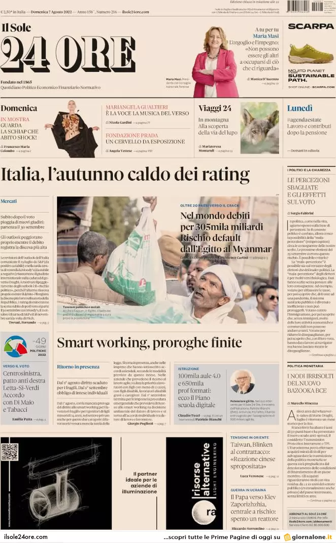 Prime pagine giornali 7 agosto 2022. Accordo Pd-sinistra, Calenda agitato