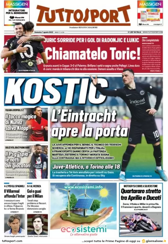 Prime pagine giornali 7 agosto 2022. Accordo Pd-sinistra, Calenda agitato
