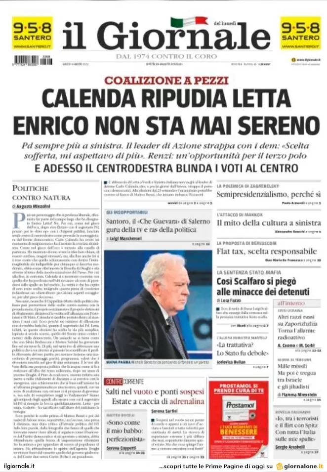 Prime pagine giornali 8 agosto 2022. Letta: “Calenda? Un regalo alla destra”