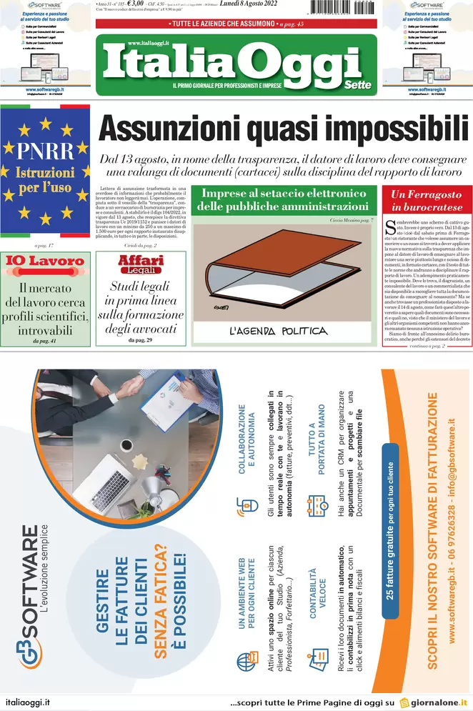 Prime pagine giornali economici 8 agosto. Caro bollette, 5 aiuti alle famiglie
