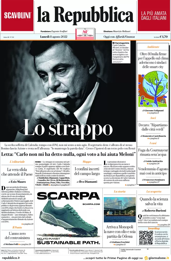 Prime pagine giornali 8 agosto 2022. Letta: “Calenda? Un regalo alla destra”