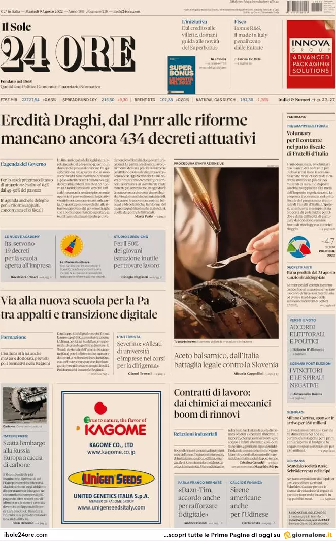 Prime pagine giornali 9 agosto 2022. La Flat Tax di Salvini costerebbe 80 mld