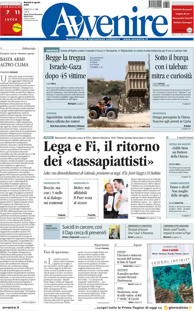 Prime pagine giornali 9 agosto 2022. La Flat Tax di Salvini costerebbe 80 mld