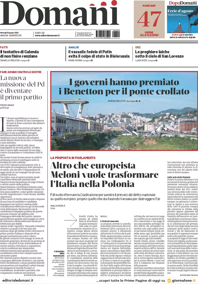 Prime pagine giornali 9 agosto 2022. La Flat Tax di Salvini costerebbe 80 mld