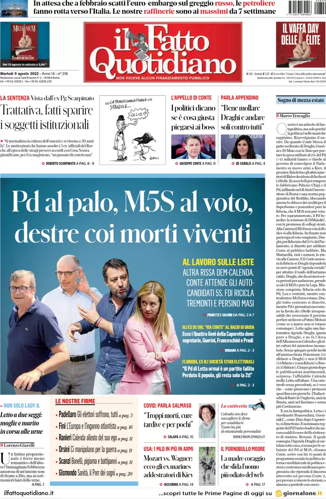 Prime pagine giornali 9 agosto 2022. La Flat Tax di Salvini costerebbe 80 mld