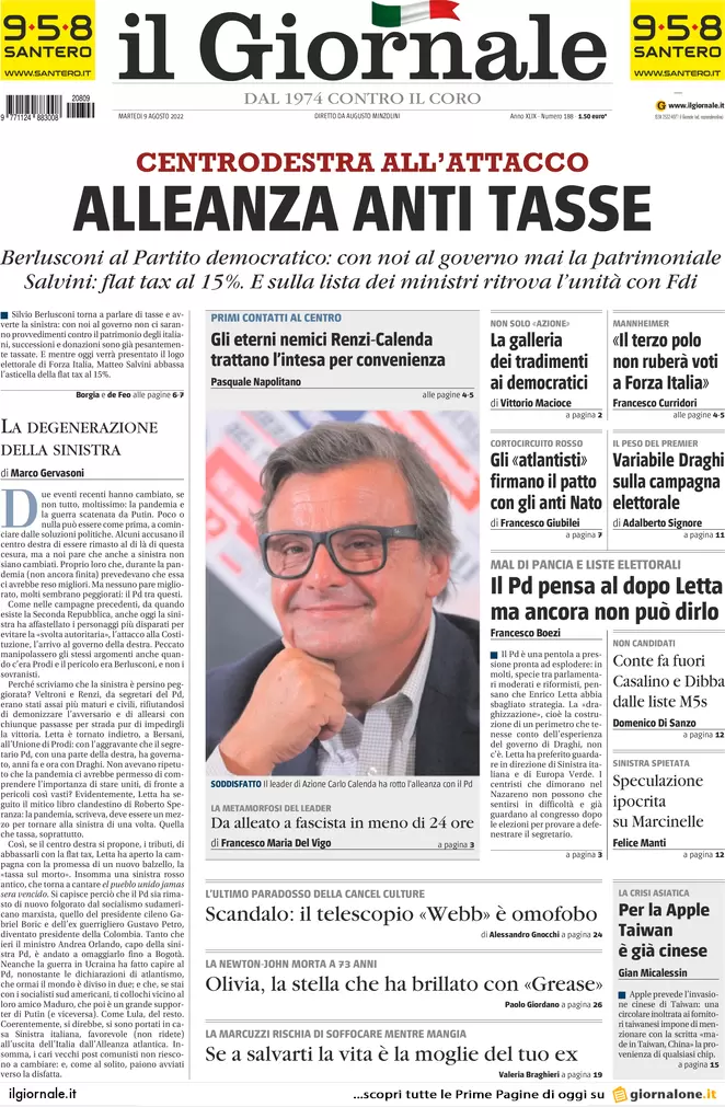 Prime pagine giornali 9 agosto 2022. La Flat Tax di Salvini costerebbe 80 mld