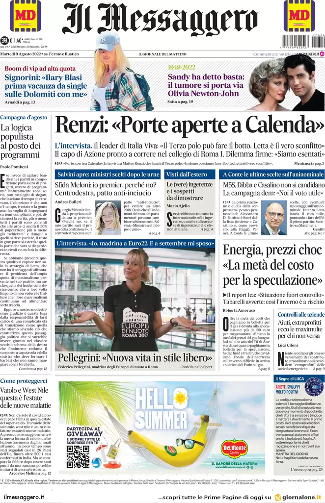 Prime pagine giornali 9 agosto 2022. La Flat Tax di Salvini costerebbe 80 mld