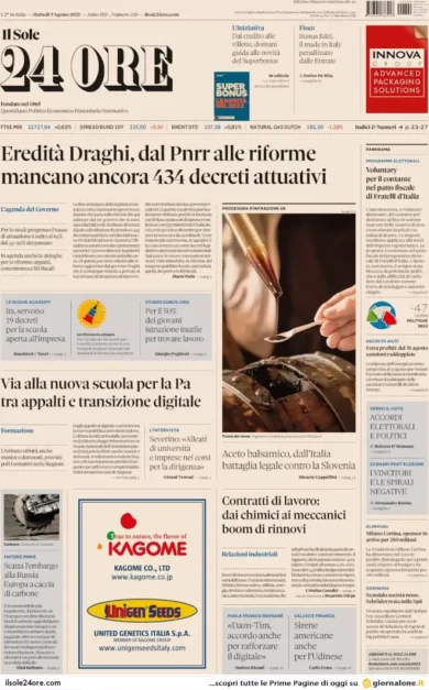 Prime pagine giornali economici 9 agosto. Letta oscura i suoi finanziatori