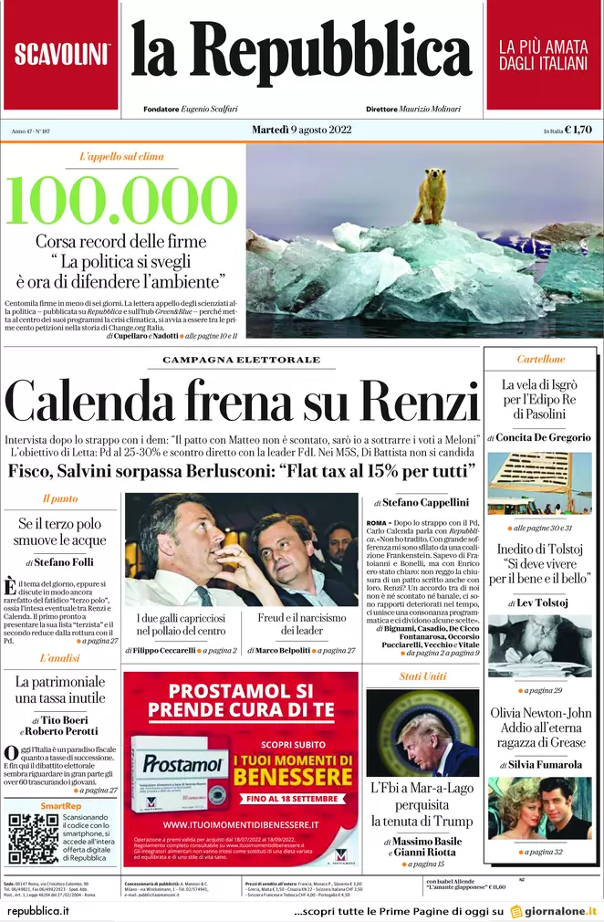 Prime pagine giornali 9 agosto 2022. La Flat Tax di Salvini costerebbe 80 mld