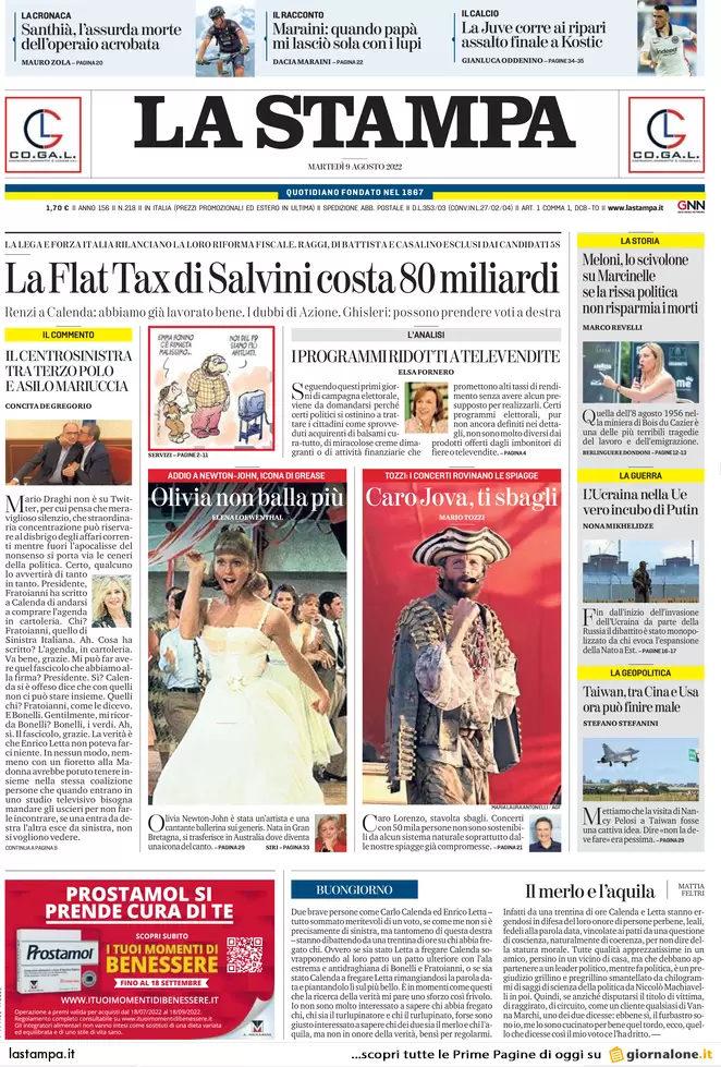 Prime pagine giornali 9 agosto 2022. La Flat Tax di Salvini costerebbe 80 mld