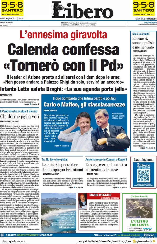 Prime pagine giornali 9 agosto 2022. La Flat Tax di Salvini costerebbe 80 mld