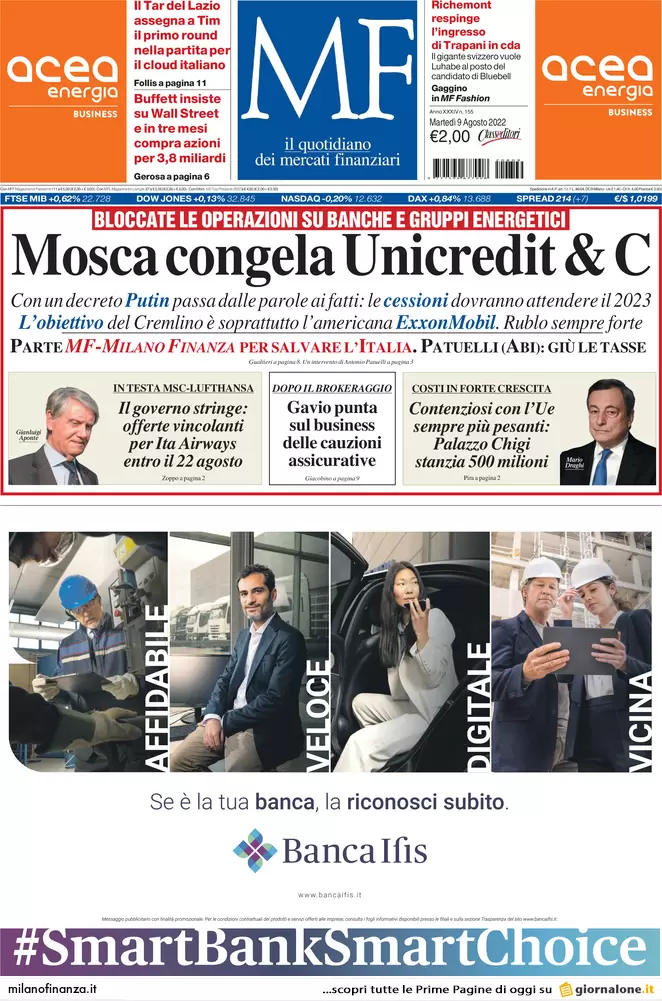 Prime pagine giornali economici 9 agosto. Letta oscura i suoi finanziatori