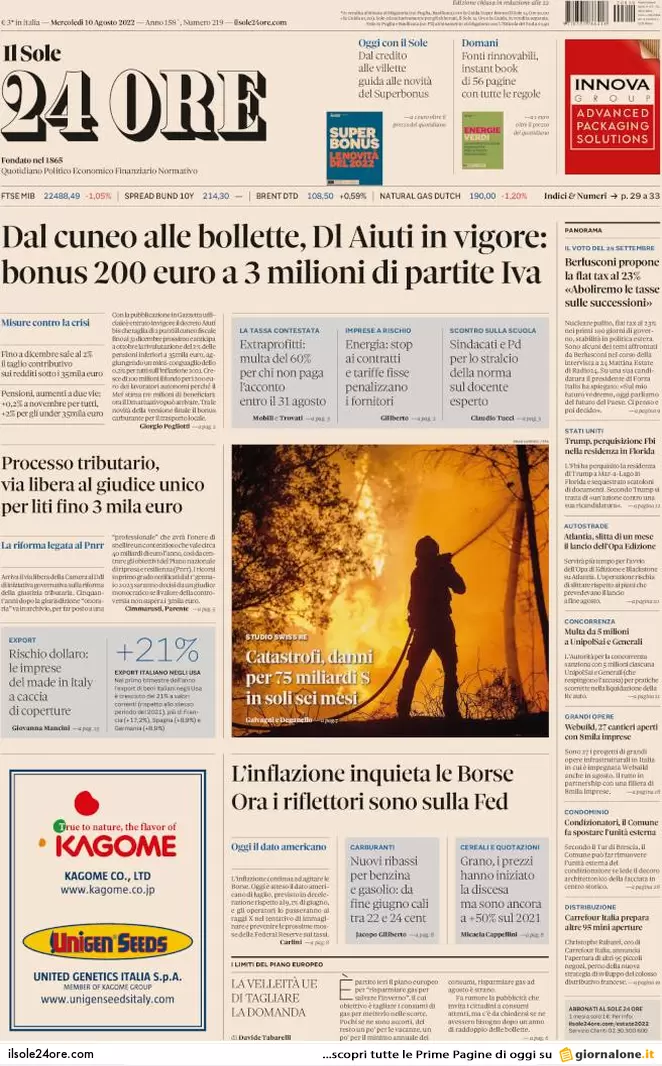 Prime pagine giornali 10 agosto 2022. Calenda: “Sì al terzo polo con Renzi”