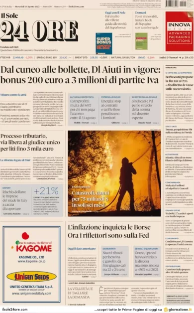 Prime pagine giornali economici 10 agosto. Bonus 200 € a 3 mln di partite iva