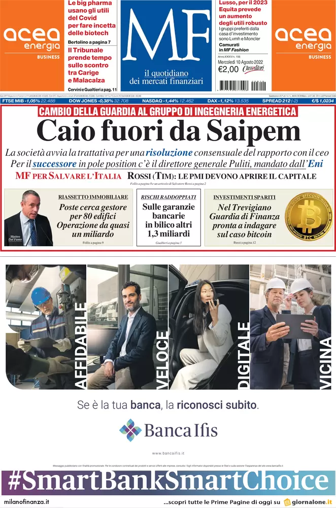 Prime pagine giornali economici 10 agosto. Bonus 200 € a 3 mln di partite iva