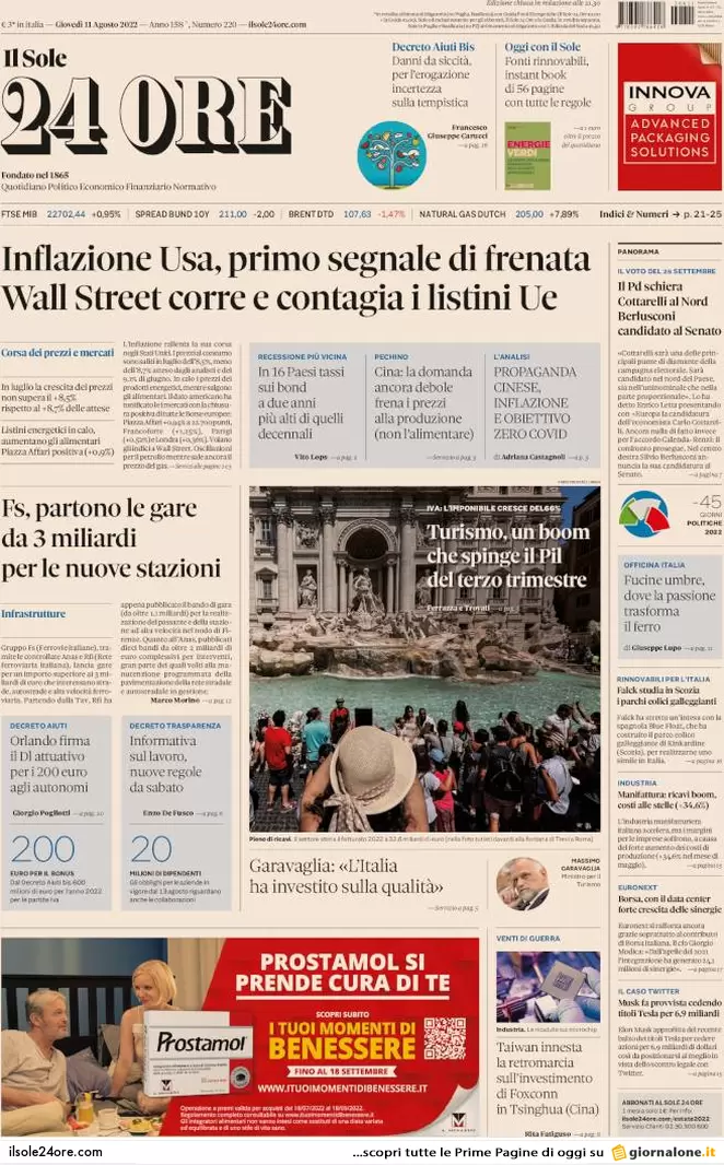 Prime pagine giornali 11 agosto 2022. Renzi: Calenda leader, poi Draghi-bis