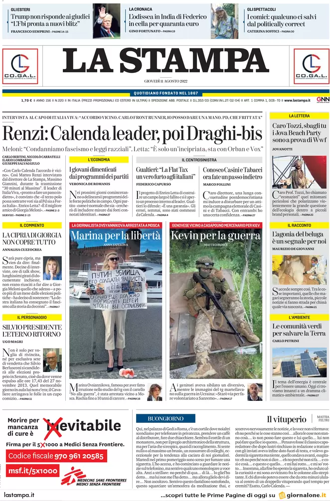 Prime pagine giornali 11 agosto 2022. Renzi: Calenda leader, poi Draghi-bis