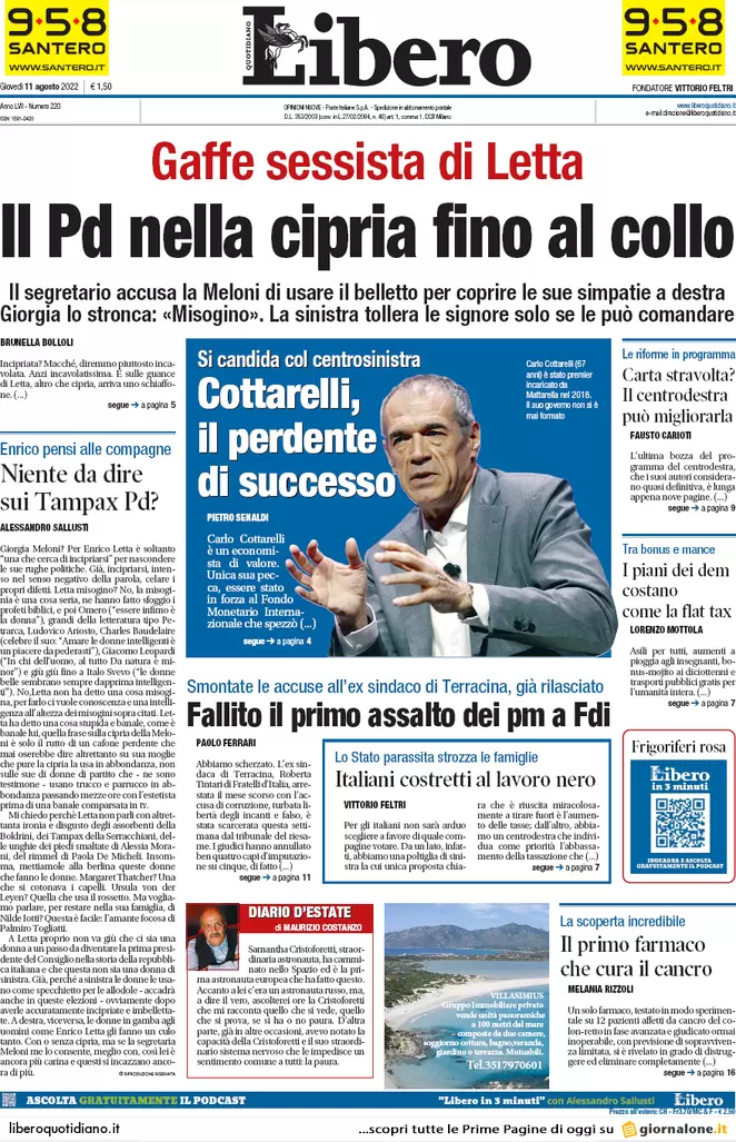 Prime pagine giornali 11 agosto 2022. Renzi: Calenda leader, poi Draghi-bis