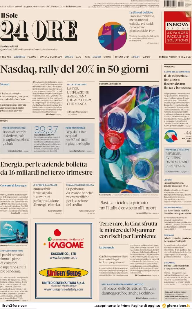 Prime pagine giornali 12 agosto 2022. Elezioni, gli impresentabili nelle liste