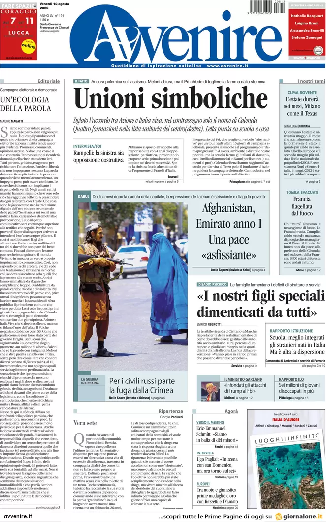 Prime pagine giornali 12 agosto 2022. Elezioni, gli impresentabili nelle liste