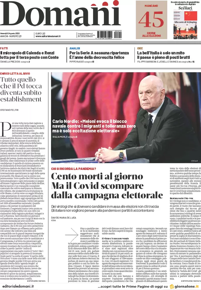 Prime pagine giornali 12 agosto 2022. Elezioni, gli impresentabili nelle liste