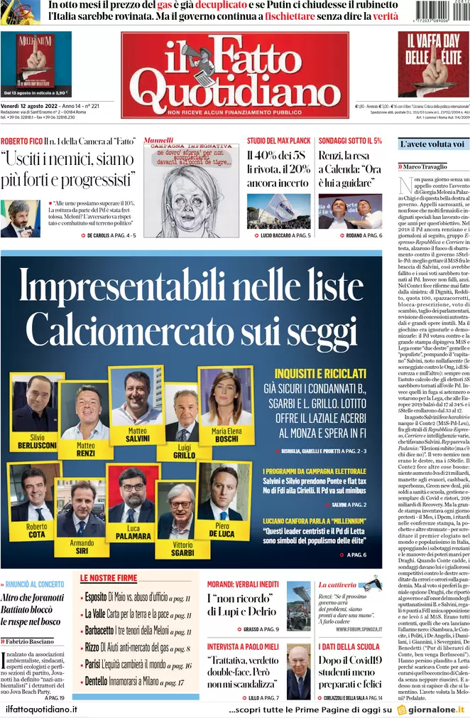 Prime pagine giornali 12 agosto 2022. Elezioni, gli impresentabili nelle liste
