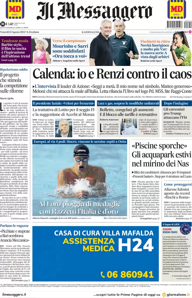 Prime pagine giornali 12 agosto 2022. Elezioni, gli impresentabili nelle liste