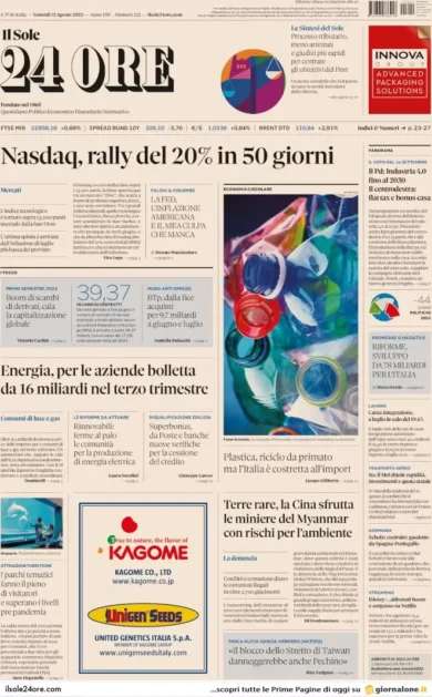 Prime pagine giornali economici 12 agosto. Draghi, maxi spesa per l’esercito
