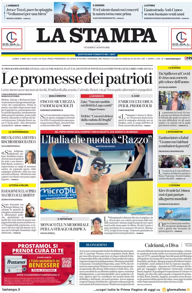 Prime pagine giornali 12 agosto 2022. Elezioni, gli impresentabili nelle liste