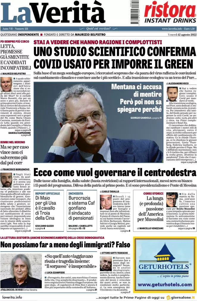 Prime pagine giornali 12 agosto 2022. Elezioni, gli impresentabili nelle liste
