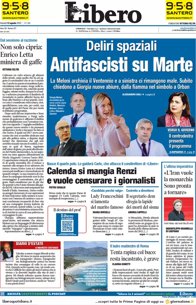Prime pagine giornali 12 agosto 2022. Elezioni, gli impresentabili nelle liste