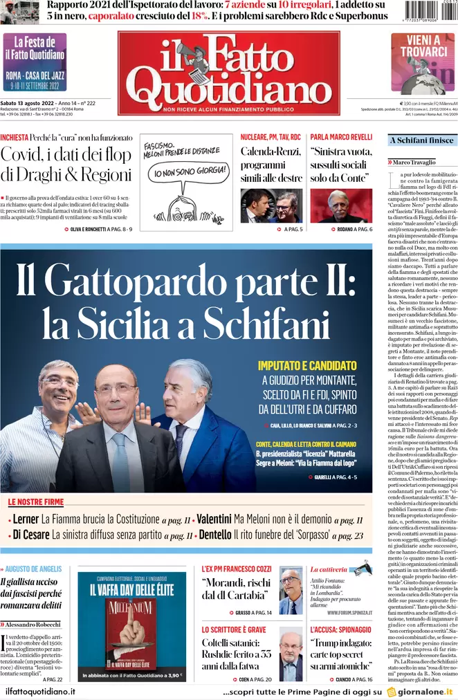 Prime pagine giornali 13 agosto 2022. Il presidenzialismo agita il voto