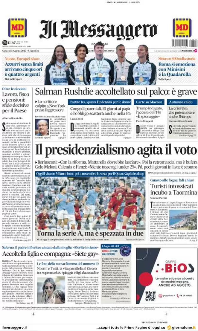 Prime pagine giornali 13 agosto 2022. Il presidenzialismo agita il voto