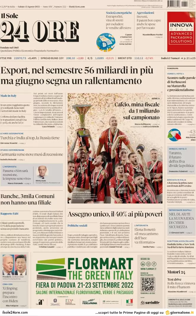 Prime pagine giornali economici 13 agosto. Export su, squadrone Rai in Qatar