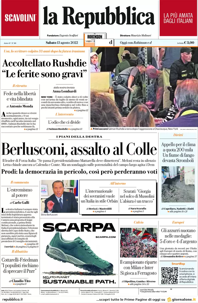 Prime pagine giornali 13 agosto 2022. Il presidenzialismo agita il voto