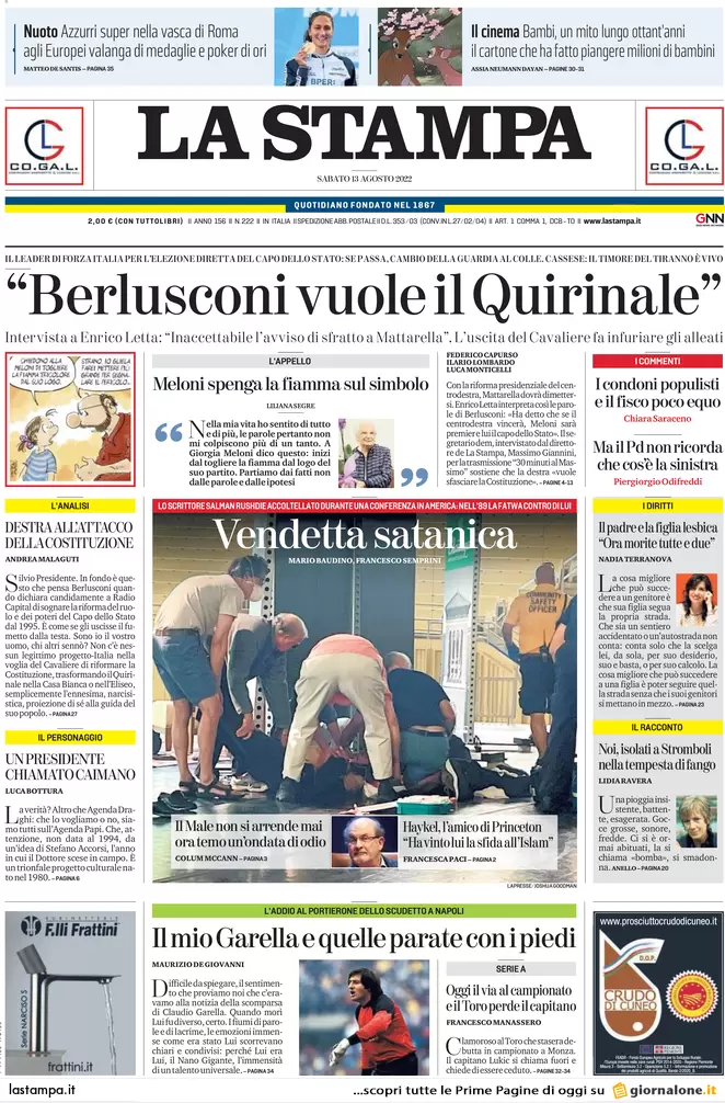 Prime pagine giornali 13 agosto 2022. Il presidenzialismo agita il voto