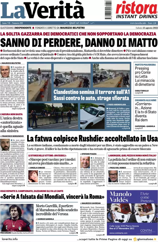 Prime pagine giornali 13 agosto 2022. Il presidenzialismo agita il voto