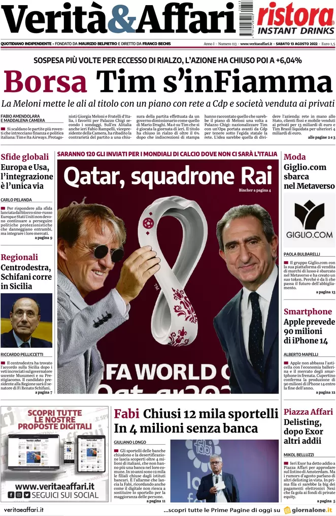 Prime pagine giornali economici 13 agosto. Export su, squadrone Rai in Qatar