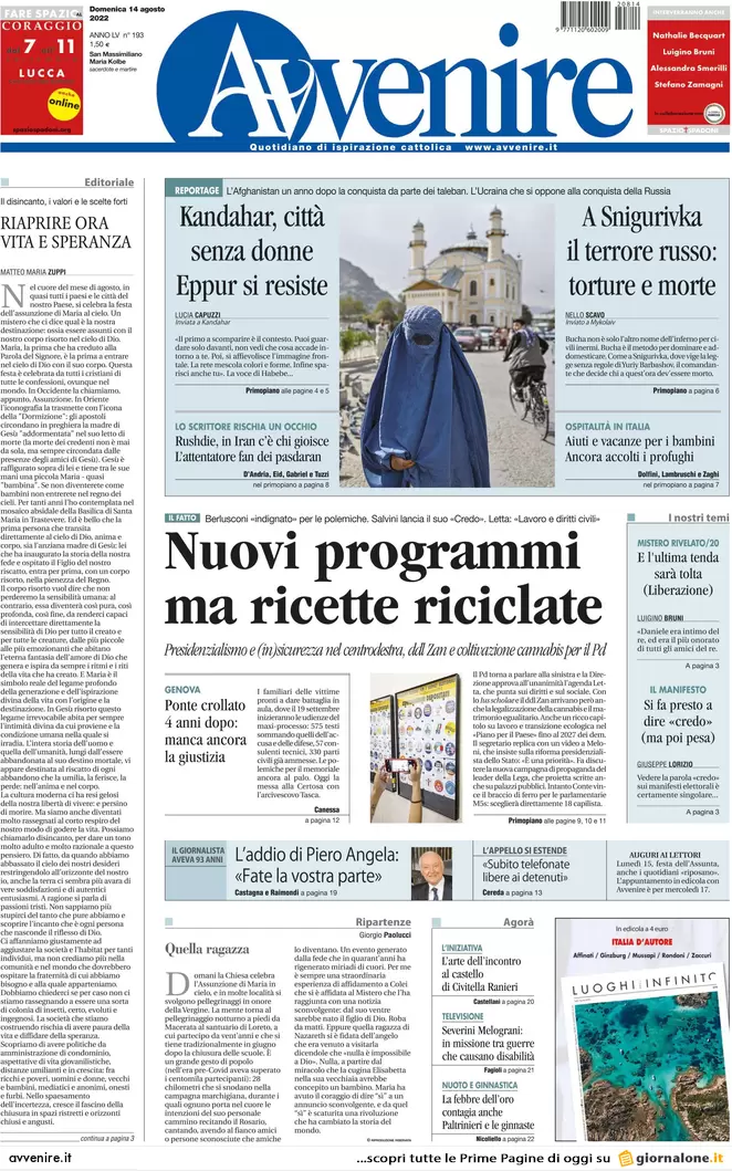 Prime pagine giornali 14 agosto 2022. Europa-lavoro, sfida tra Meloni e Letta