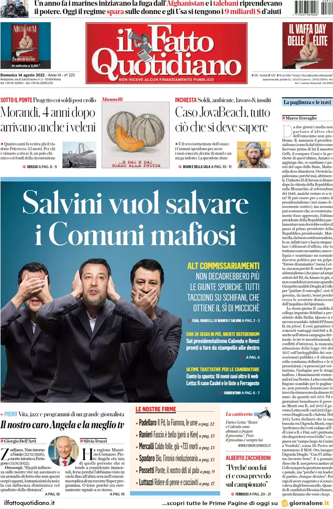 Prime pagine giornali 14 agosto 2022. Europa-lavoro, sfida tra Meloni e Letta