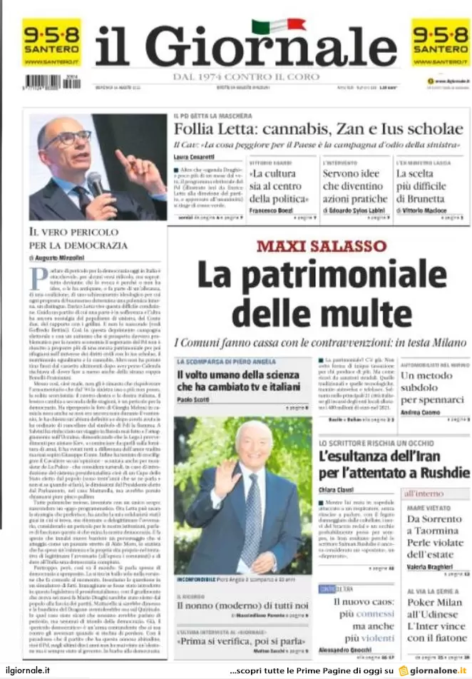 Prime pagine giornali 14 agosto 2022. Europa-lavoro, sfida tra Meloni e Letta