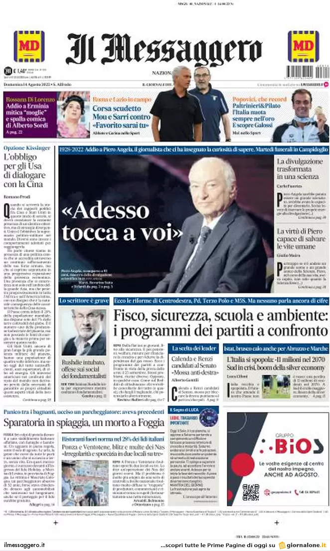 Prime pagine giornali 14 agosto 2022. Europa-lavoro, sfida tra Meloni e Letta