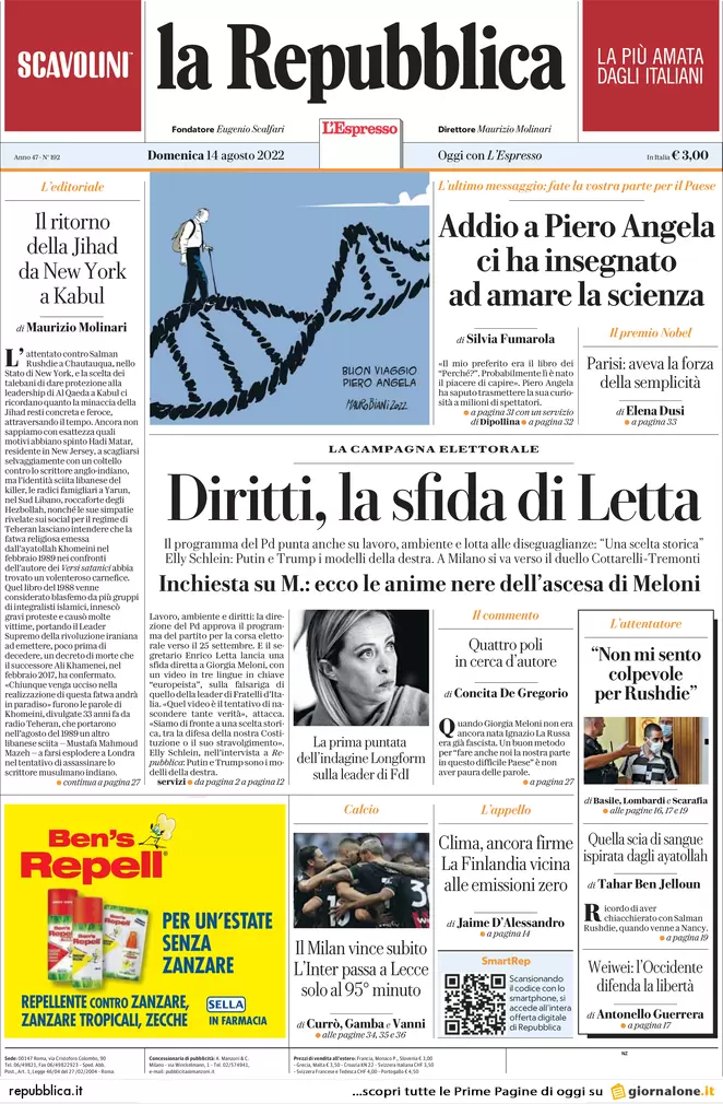 Prime pagine giornali 14 agosto 2022. Europa-lavoro, sfida tra Meloni e Letta