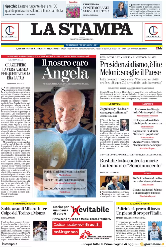 Prime pagine giornali 14 agosto 2022. Europa-lavoro, sfida tra Meloni e Letta